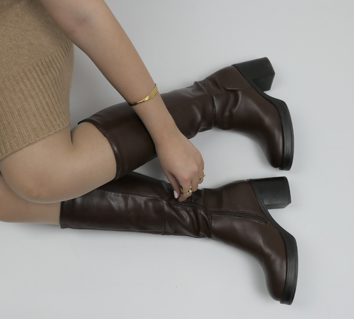 Bottes à talons- Marron, bottes à plateforme pour femmes, à talnos larges