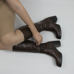 Bottes à talons- Marron, bottes à plateforme pour femmes, à talnos larges