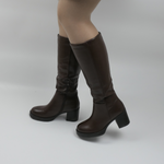 Bottes à talons- Marron, bottes à plateforme pour femmes, à talnos larges