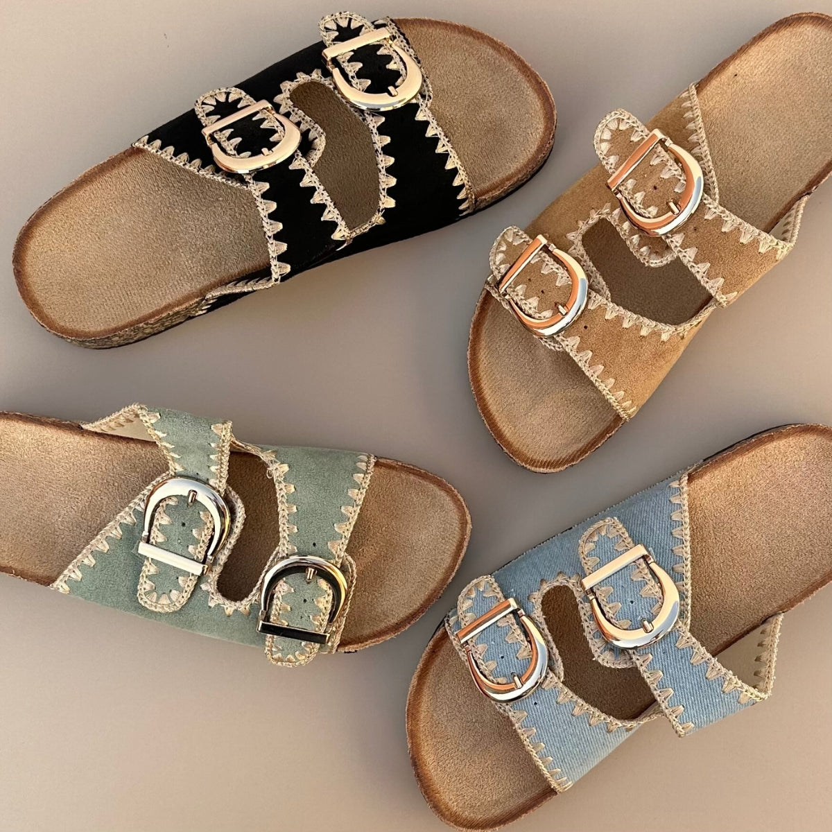 Sandale style birkenstock en green. Souples&nbsp;et légères, parfaites pour une journée de confort et de style.