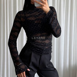 Top transparent en tulle dentelle à col montant & strass scintillants