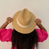 Chapeau Panama en raphia avec bande Blanche - Naturel