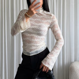 Top transparent en tulle dentelle à col montant & strass scintillants