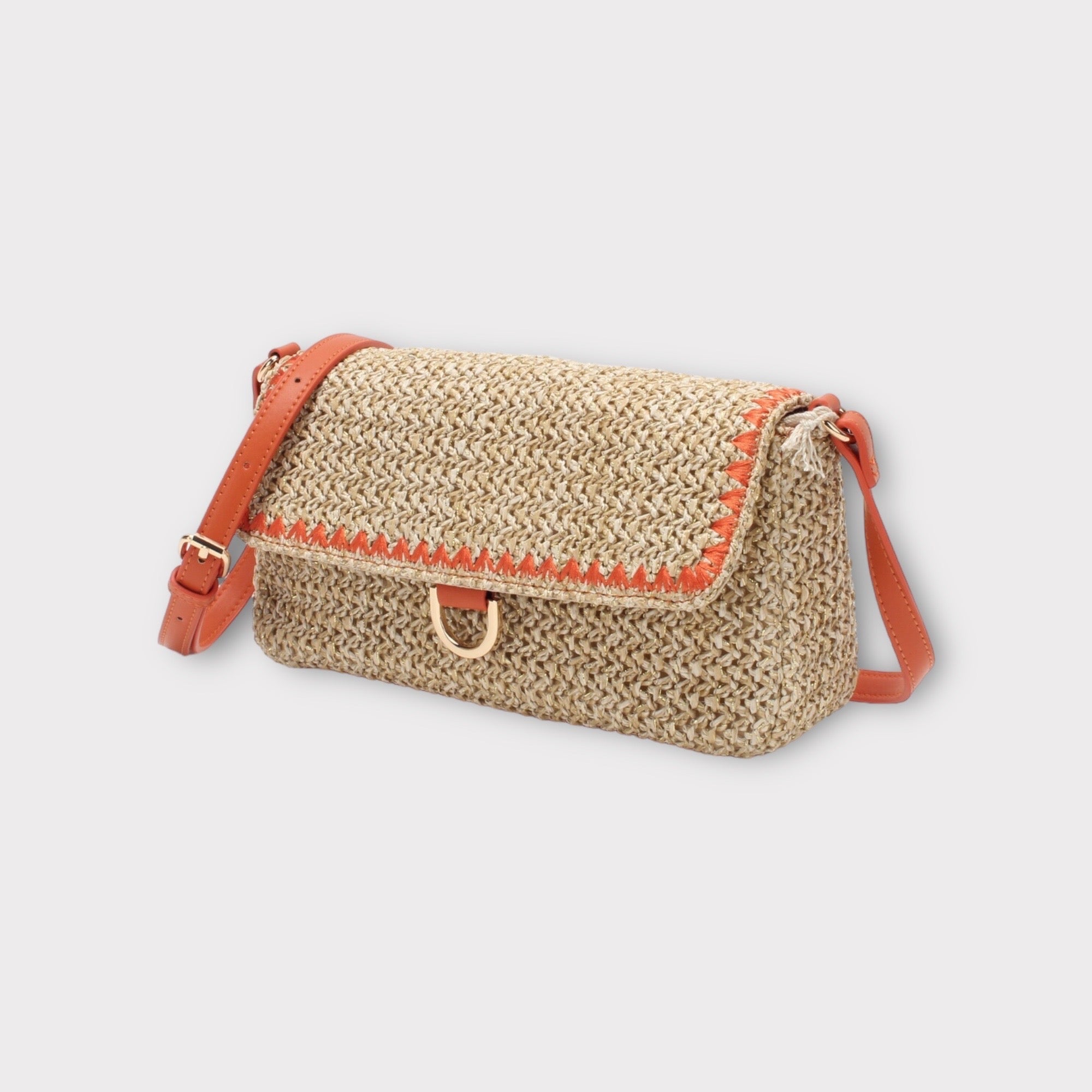 Sac crossbody orange en raphia et cuir synthétique  Dimension: 26cm*8cm*16cm  Cuir de qualité premium