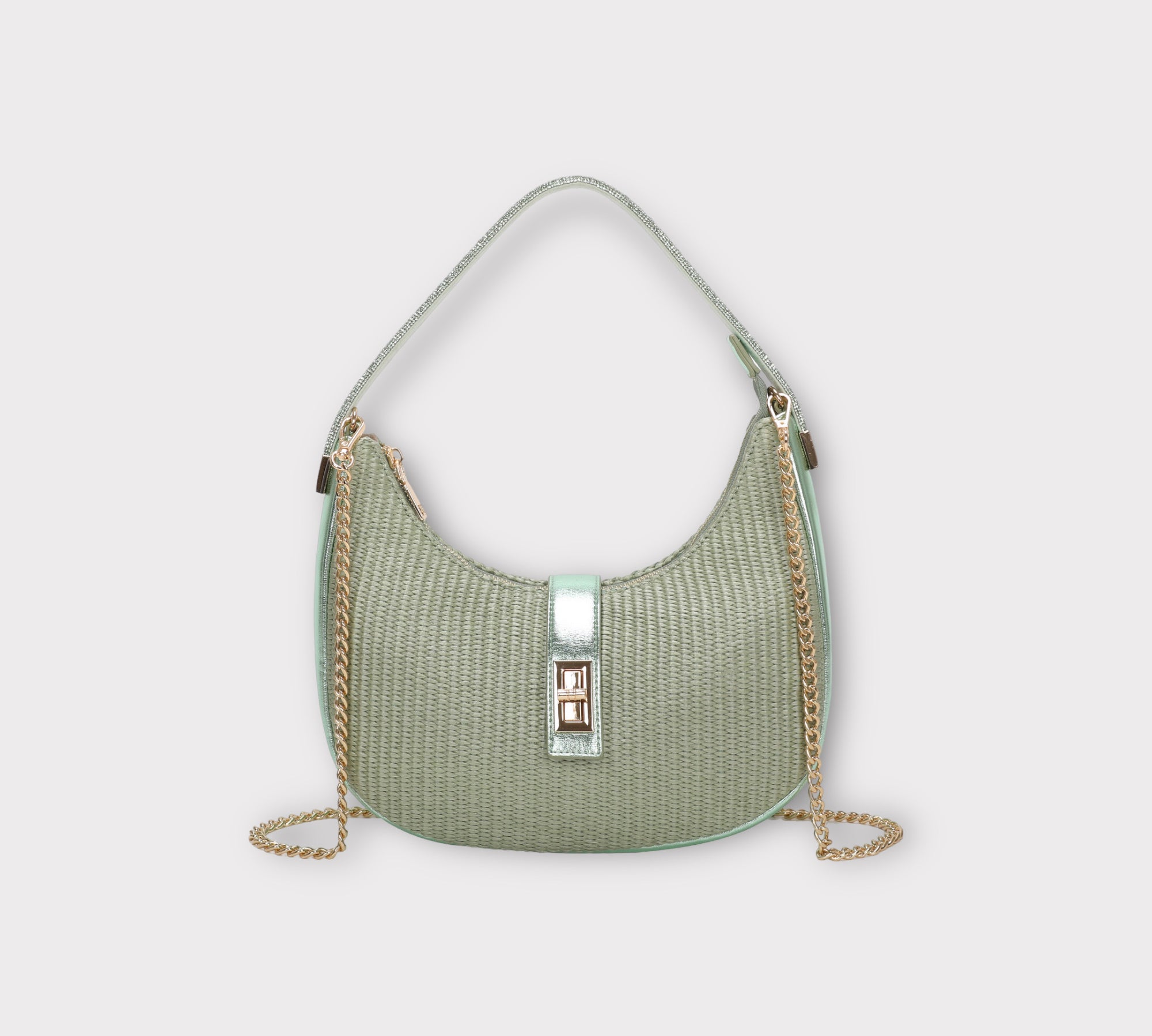 Sac soirée bi matière couleur vert avec chaine et motif doré  Dimension: 27.5cm*7.5cm*22m  Cuir de qualité premium