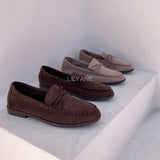 mocassins, suédine, daim, nœud, classique, chic, casual, chaussures plates, confort, femme, intemporel, automne, élégant