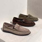 mocassins, suédine, daim, nœud, classique, chic, casual, chaussures plates, confort, femme, intemporel, automne, élégant